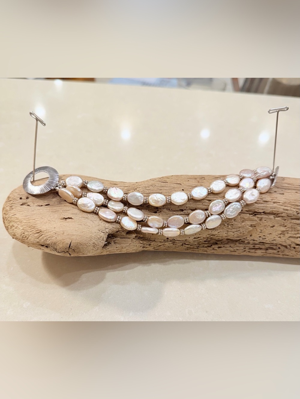 Triple Strand Freshwater Coin Pearl Bracelet 7” Blush Pink Artisan Toggle